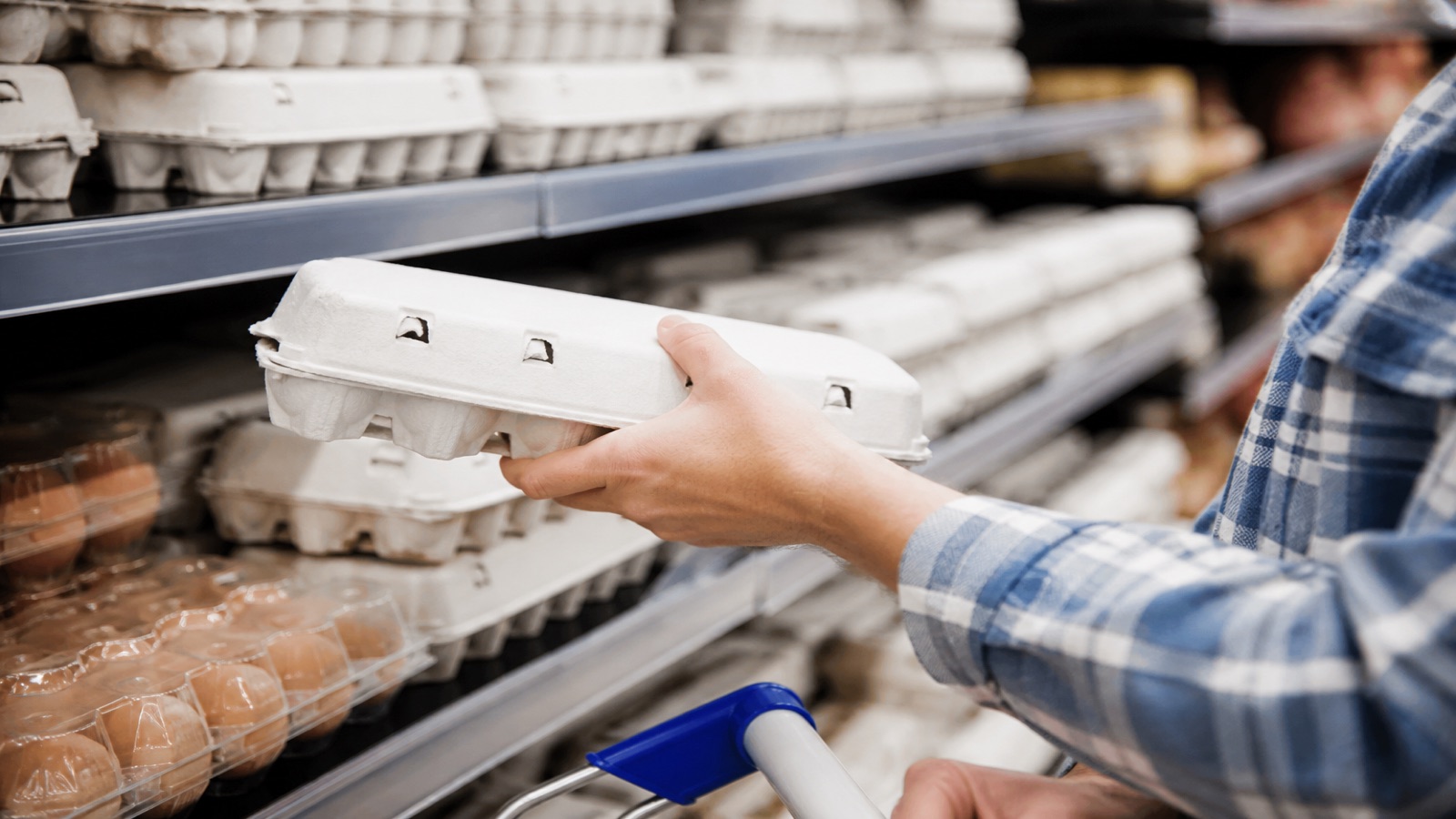 A shopper reaches for a carton of eggs on a refrigerated grocery store shelf, cart handle visible below.