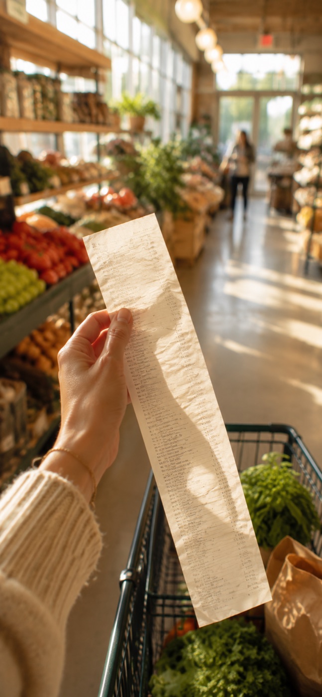 A hand holding a long grocery receipt in a brightly lit produce section of a grocery store.