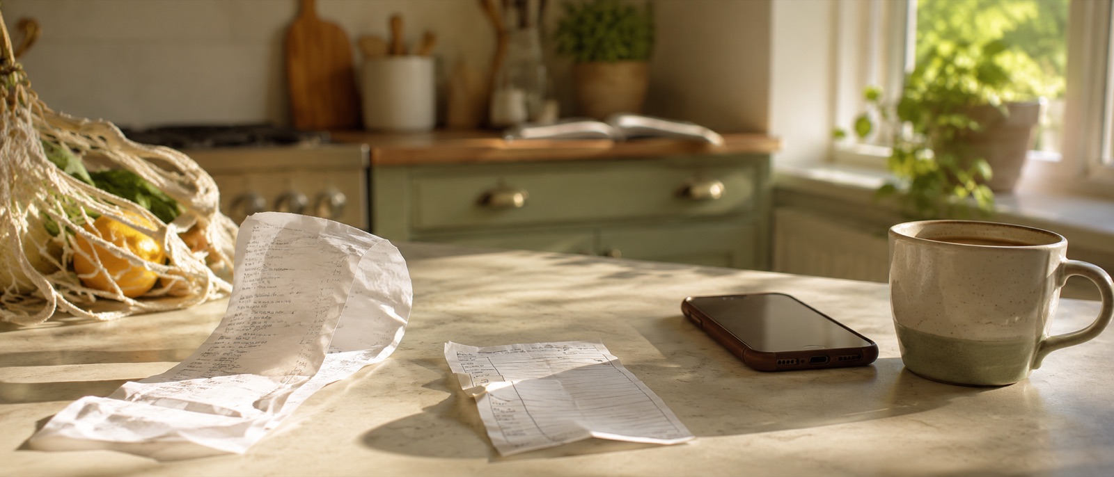 A grocery receipt, phone, coffee mug, and tote bag of vegetables on a sunlit kitchen counter.