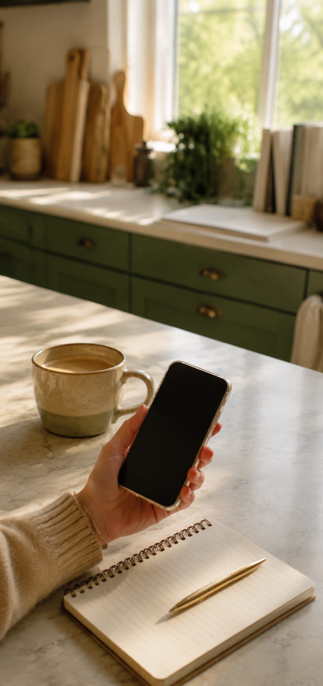 A hand holding a phone next to a coffee mug and open notebook on a quiet kitchen counter.