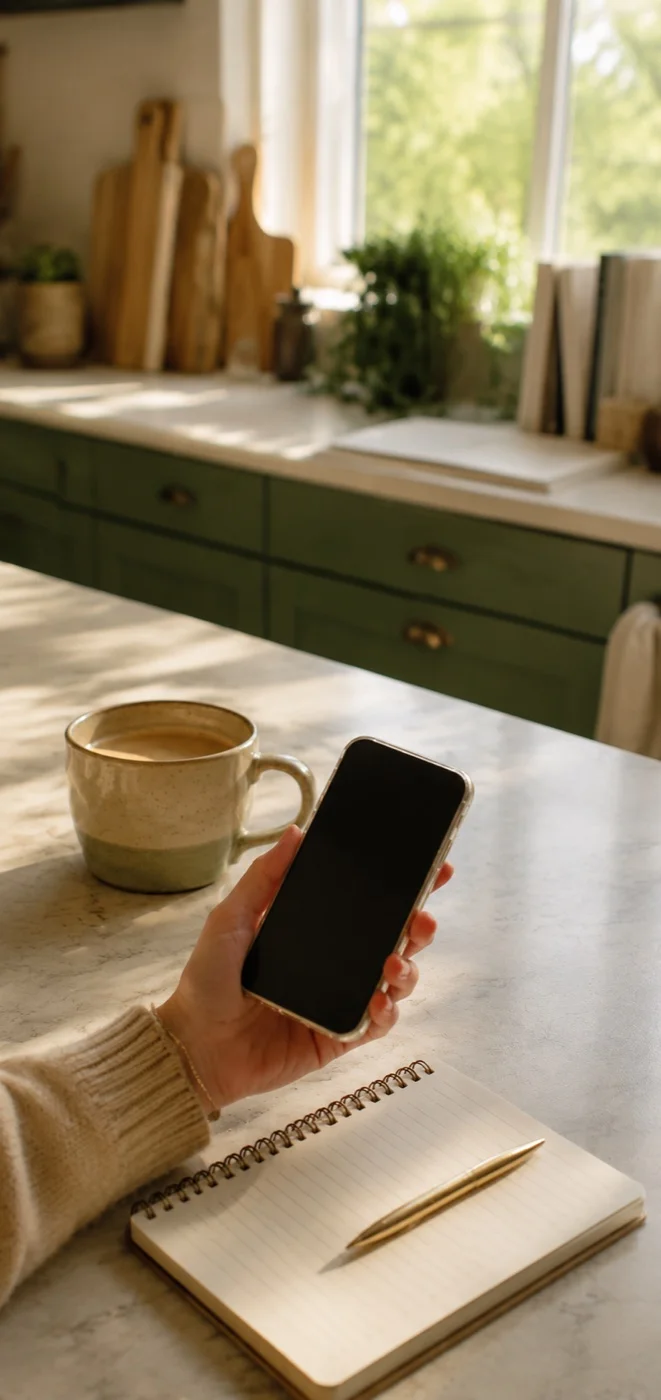 A hand holding a phone next to a coffee mug and open notebook on a quiet kitchen counter.