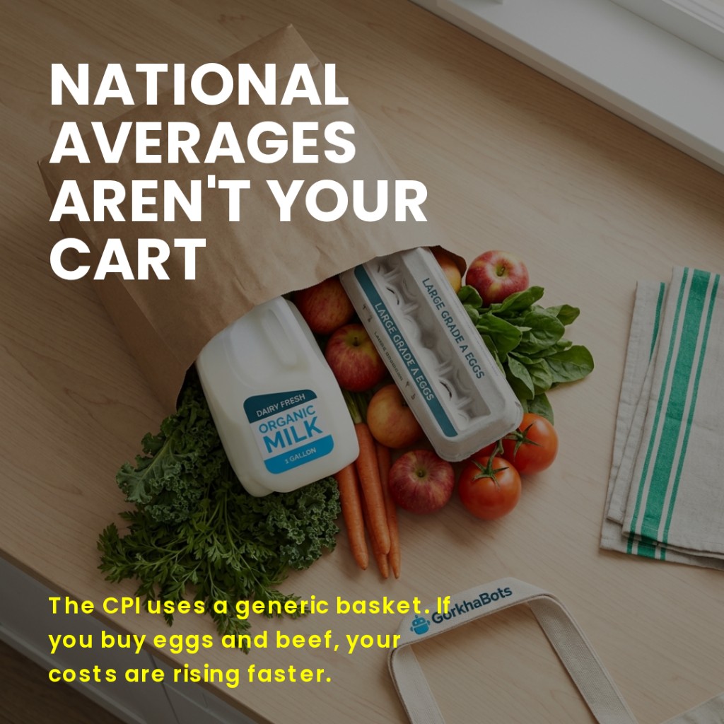 Bold text reads: National averages aren't your cart. The CPI uses a generic basket. If you buy eggs and beef, your costs are rising faster. Background shows a top-down view of a grocery bag spilling milk, eggs, apples, carrots and greens onto a kitchen counter.