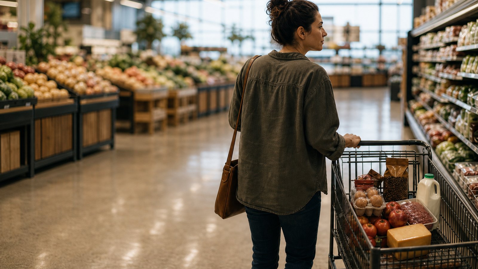A woman pauses mid-aisle in a supermarket with a half-full shopping cart holding eggs, coffee, ground beef, tomatoes, apples, milk and cheese.