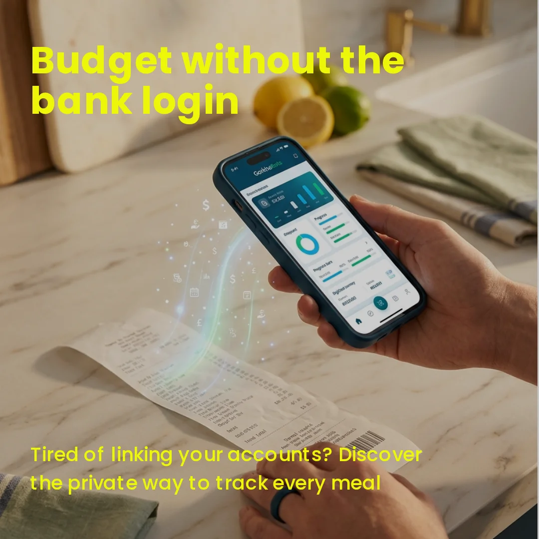 A hand holding a smartphone over a kitchen counter, displaying a clean budgeting app interface with sparkling AI scanning effect, with a receipt nearby and lemons in soft focus in the background. Caption reads: Budget without the bank login. Tired of linking your accounts? Discover the private way to track every meal.