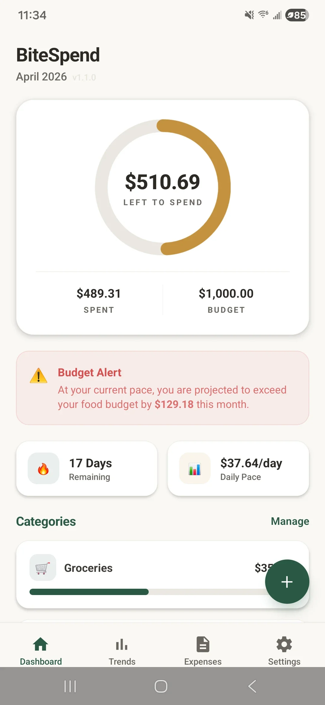 BiteSpend dashboard showing live food budget, items by store, and weekly trend
