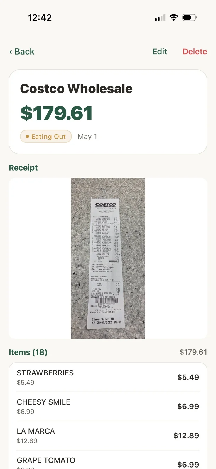 BiteSpend scanning a grocery receipt and pulling every line item in seconds